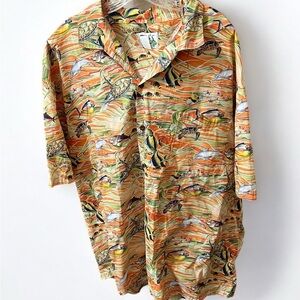 Casual Orange and Green Button Down Shirt with Tropical Print